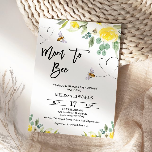 Blütengelbe Mama zur Bienenstube Einladung (Mom to Bee Baby Shower Invitation Template, Floral Bee Themed Baby Shower Invitation, Heart Path )