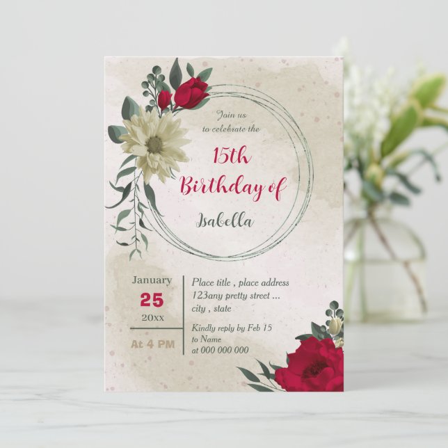 Blütengelbe rote Blumen botanischer Geburtstag Einladung (Stehend Vorderseite)