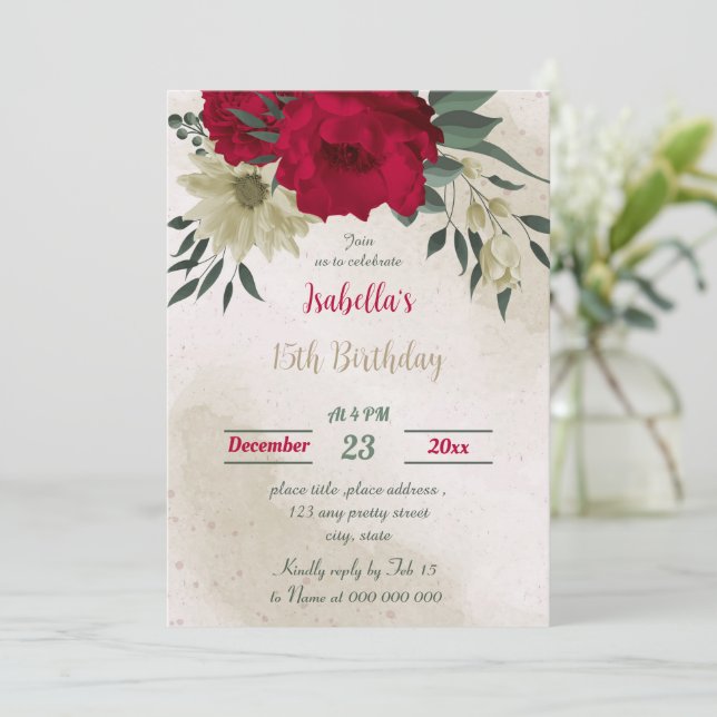 Blütengelbe rote Blumen botanischer Geburtstag Einladung (Stehend Vorderseite)