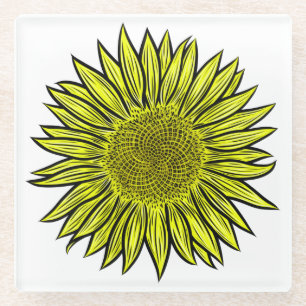 Blütengelbe Sonnenblume Hand gezogen Glasuntersetzer