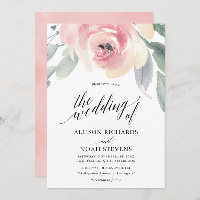 Blütengraue, blumenfarbene Hochzeit Einladung (Vorne/Hinten)