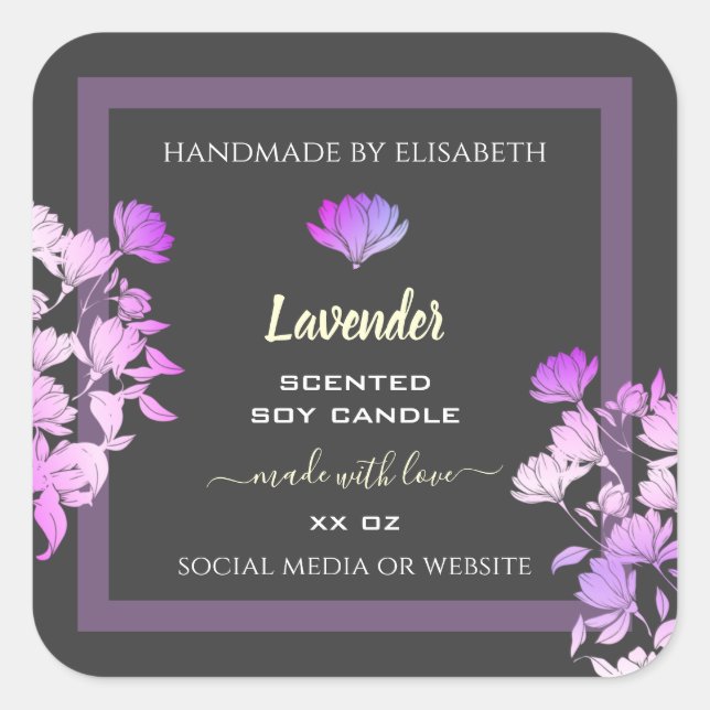 Blütengraue und Lila Produktkennzeichnungen Gold-E Quadratischer Aufkleber (Vorderseite)