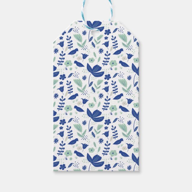 Blütengrün, blau und minzgrün, Tulpen und Vögel Geschenkanhänger (Vorderseite)