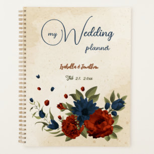 Blütenhochzeit in Orange und Marineblau Planer