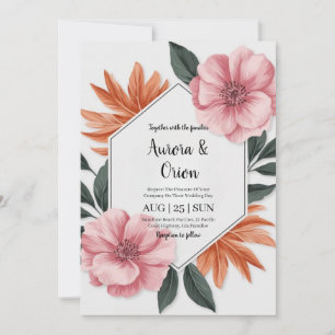Blütenhochzeit in pink und orange einladung