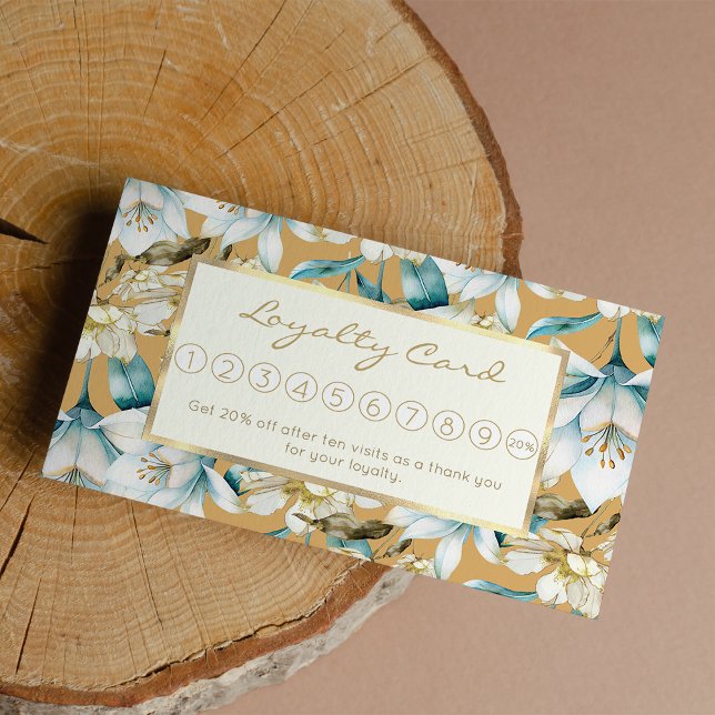 Blütenkalk Treuekarte (Botanical watercolor blue white gold lily floral loyalty card)