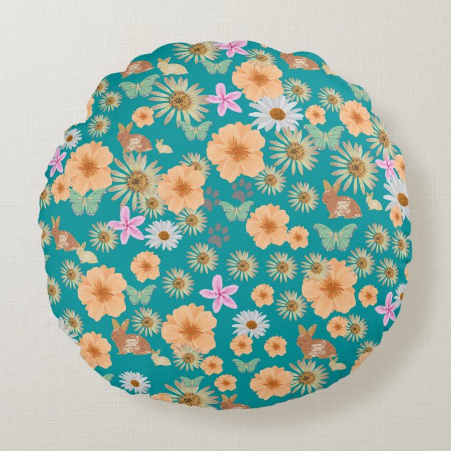 Blütenkaninchen Rundes Kissen (Vorderseite)