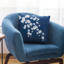 Blütenkirsche Blüten Navy Blau Weiß Kissen