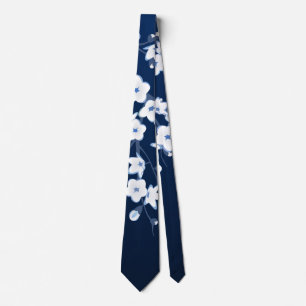 Blütenkirsche Blüten Navy Blau Weiß Krawatte