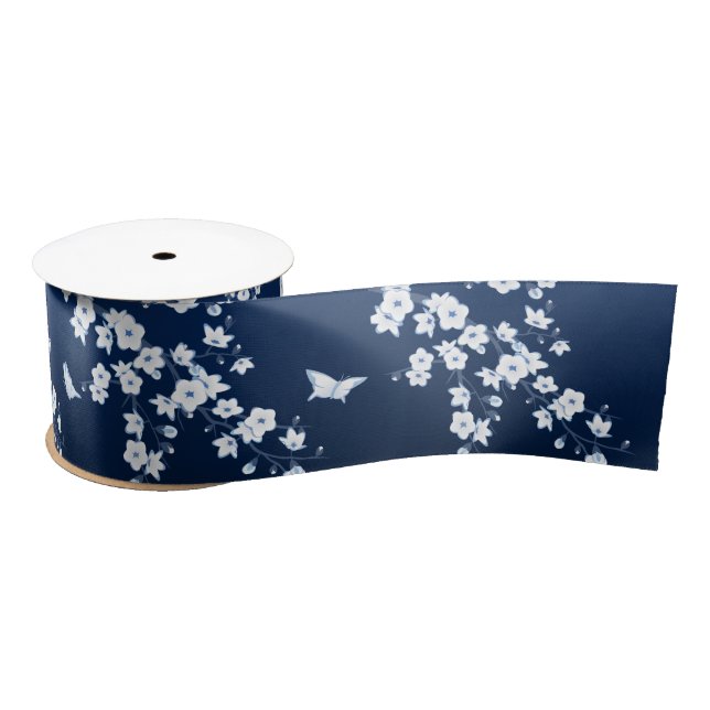 Blütenkirsche Blüten Navy Blau Weiß Satinband (Spule)