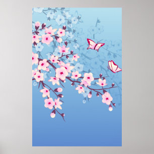 Blütenkirsche Blüten Rosa Blau Poster