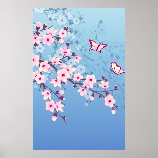 Blütenkirsche Blüten Rosa Blau Poster (Vorne)