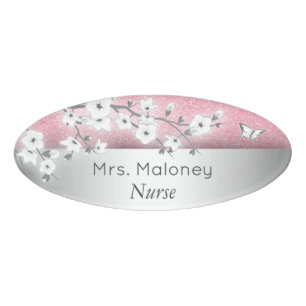 Blütenkirsche Blüten Rosa Glitzer Silber Namenschild