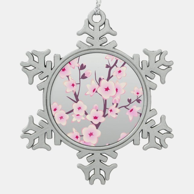 Blütenkirsche Blüten Rosa Grau Schneeflocken Zinn-Ornament (Vorderseite)