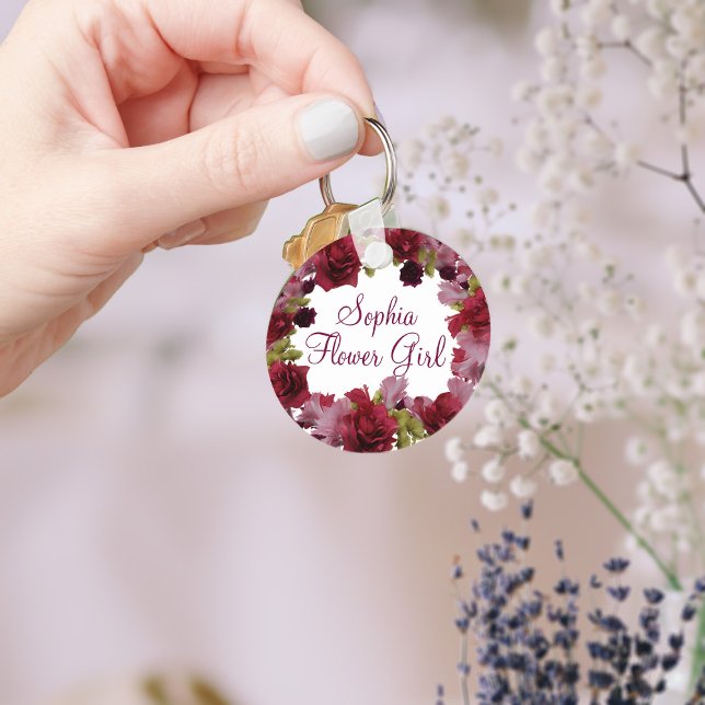 Blütenmädchen Burgund Gastgeschenk Hochzeit Schlüs Schlüsselanhänger (A burgundy floral keychain that can be used for your Flower Girl or any member of your bridal party)