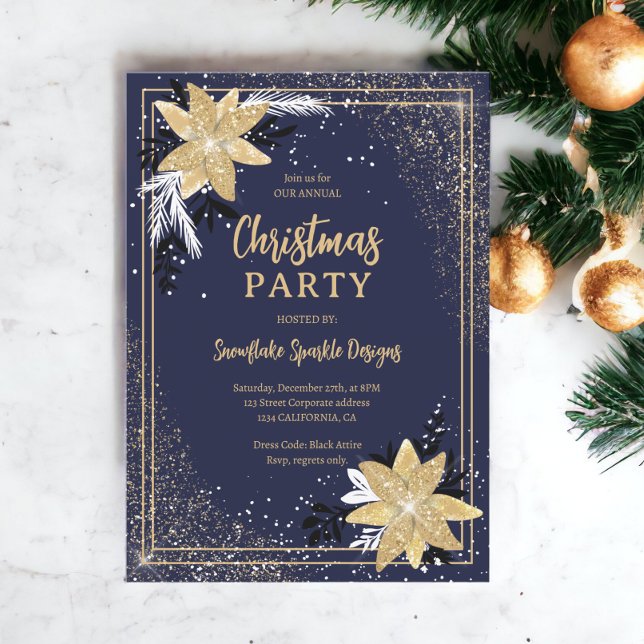 Blütenmarineblau Gold Glitzer Weihnachten Einladung (Gold glitter floral navy blue Corporate Christmas Invitation)
