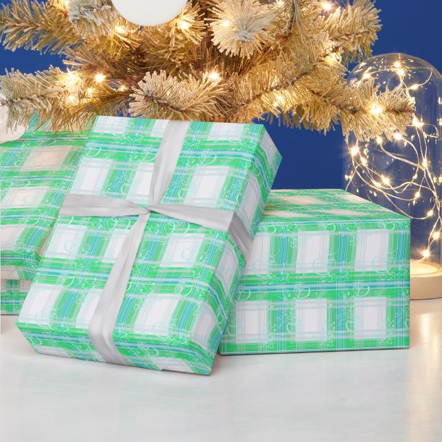 Blütenmuster mit grünen Streifen Geschenkpapier (Feiertage)
