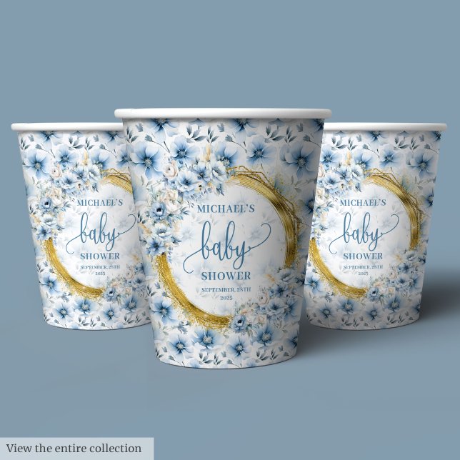 Blütenpastellblüten Goldbaby personalisiert Pappbecher (Dainty pastel blue flowers gold personalized baby Paper Cups)