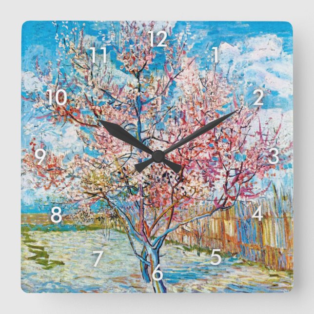 Blütenpfirsichbaum, Van Gogh Quadratische Wanduhr (Vorderseite)