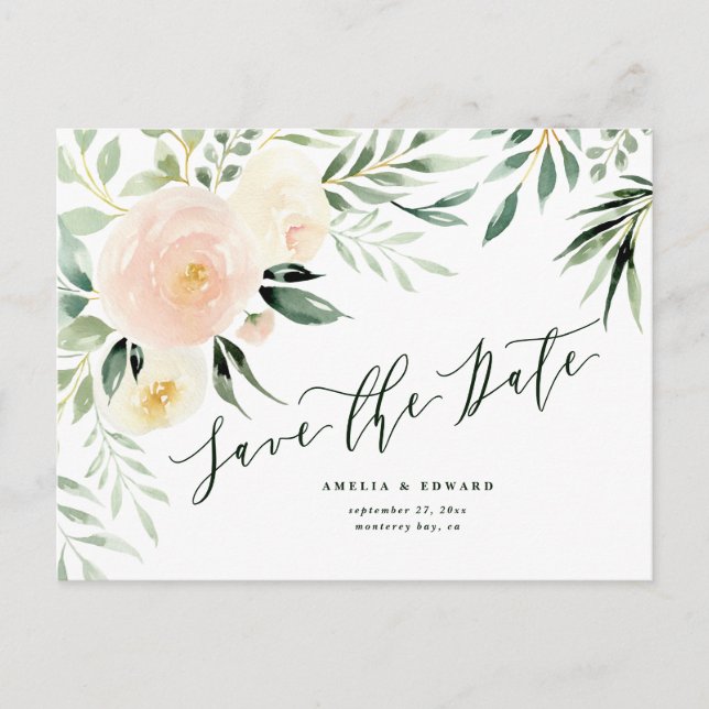 Blütenpfirsichblüten & Blattwerk Hochzeit Ankündigungspostkarte (Vorderseite)