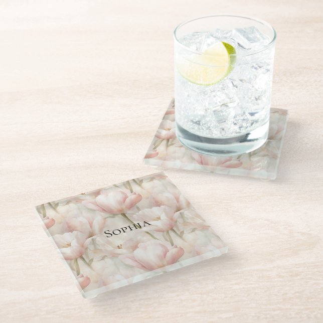 Blütenpink Tulips Glasuntersetzer (Schrägansicht)