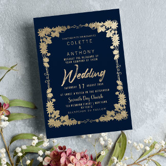 Blütenrahmen mit blauen goldblauen Rahmen Hochzeit Einladung