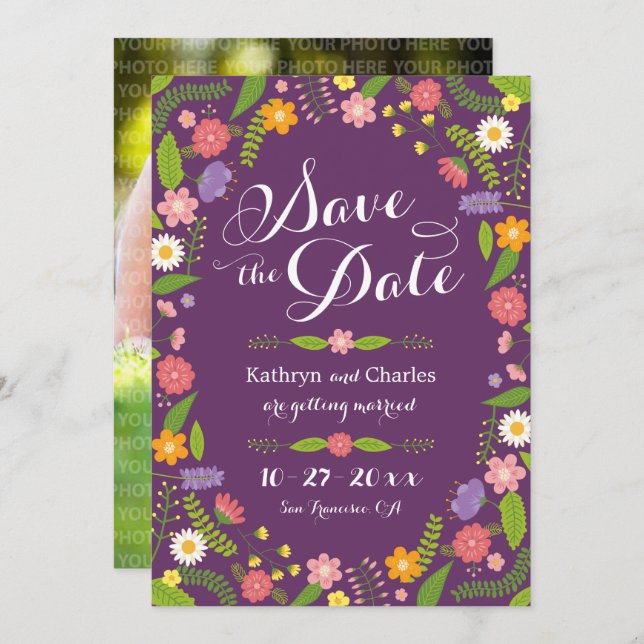 Blütenrahmen Rustikales Foto Save the Date Einladung (Vorne/Hinten)