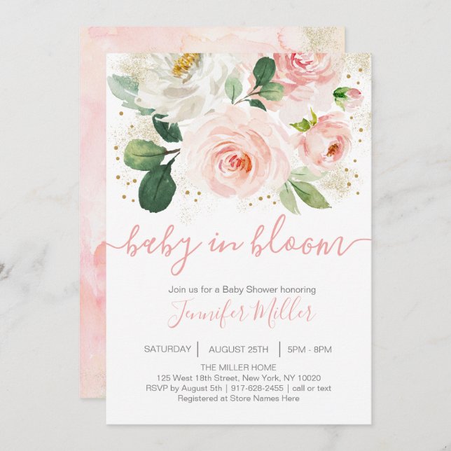 Blütenrosa Baby in Blütendusche Einladung (Vorne/Hinten)