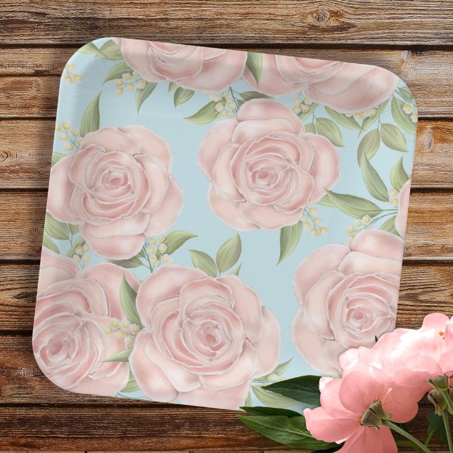 Blütenrosa Blumen und Blau Pappteller (Von Creator hochgeladen)