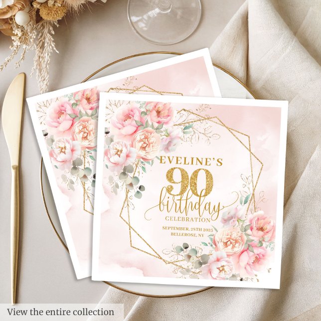 Blütenrosa Blumenfeier 90. Geburtstagsfeier Serviette (Glowing blush pink floral 90th birthday party napkins)