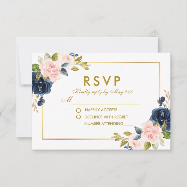 Blütenrosa Blush Blue Wedding RSVP Gold (Vorderseite)