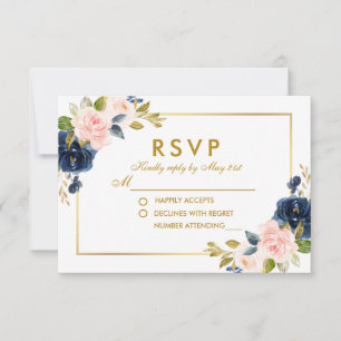 Blütenrosa Blush Blue Wedding RSVP Gold Karte