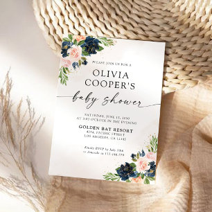 Blütenrosa Blütendusche (Navy & Blush) Einladung