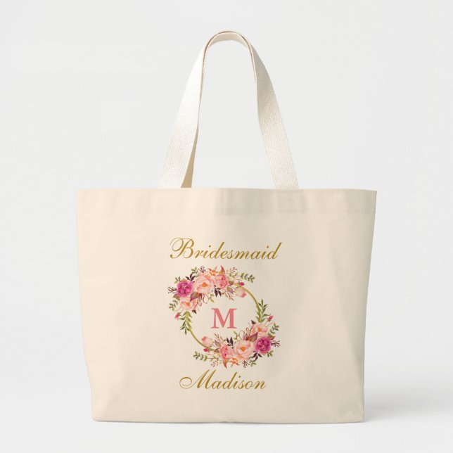 Blütenrosa Blütengold Monogram Bridesmaid Jumbo Stoffbeutel (Vorne)