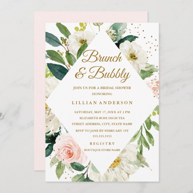 Blütenrosa Blütengoldbrunch und Bubbly Einladung (Vorne/Hinten)