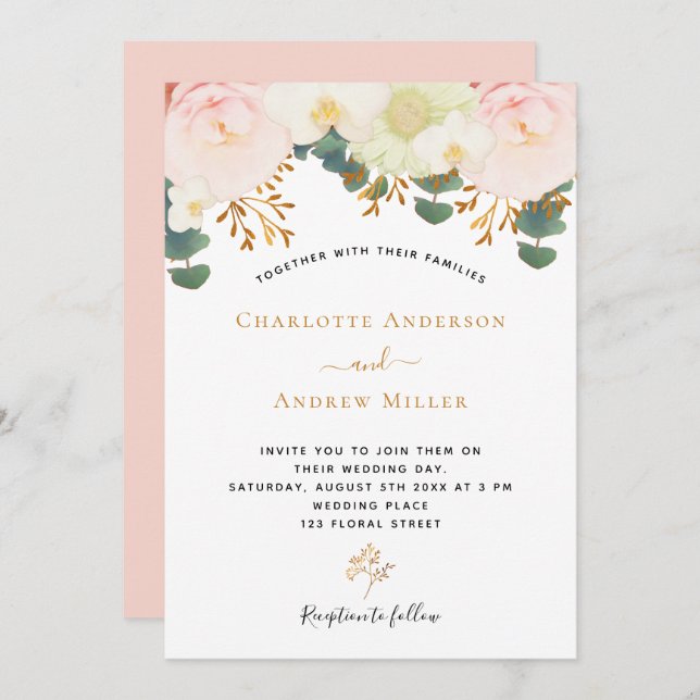 Blütenrosa Blütengoldgrün Hochzeit Einladung (Vorne/Hinten)