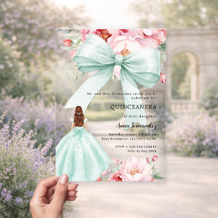 Blütenrosa Bogen Blütengrün Kleid Quinceanera Acryleinladungen