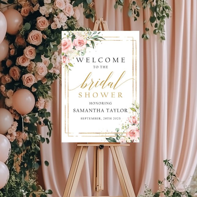 Blütenrosa Brautparty Begrüßungszeichen Poster (Blush pink floral gold bridal shower welcome sign)