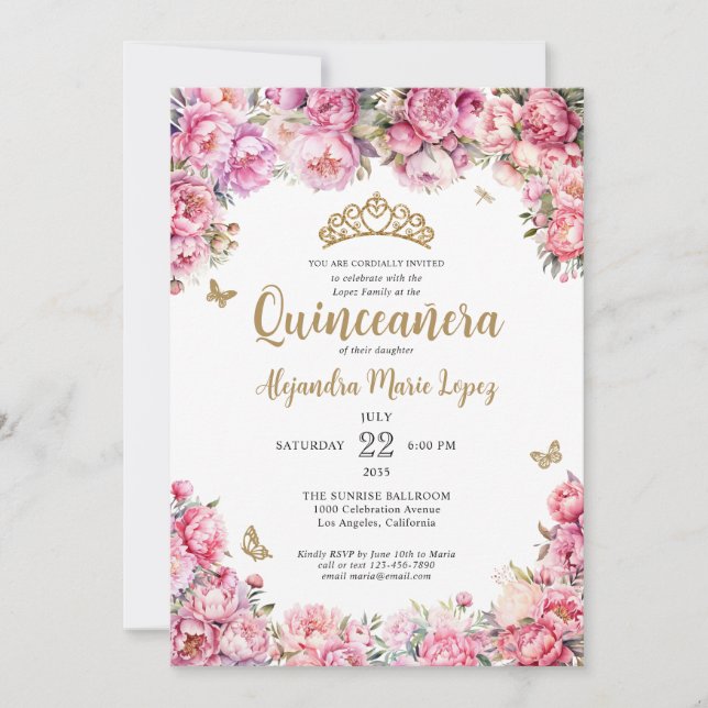 Blütenrosa Glitzer Tiara Quinceñera Einladung (Vorderseite)