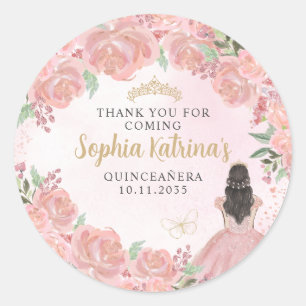 Blütenrosa Gold Quinceanera Geburtstagsgunst Runder Aufkleber