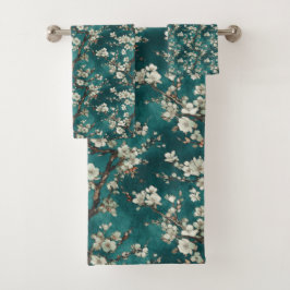 Blütenrosa Kirschblüten im Aquamarinen Aqua-Hinter Badhandtuch Set