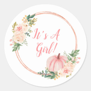 Blütenrosa Kürbis Es ist ein Mädchen Runder Aufkleber