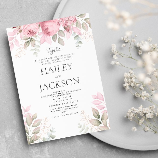 Blütenrosa Minze und weiße Magnolia Blumenhochzeit Einladung (Blush pink mint and white magnolia floral wedding invitation)