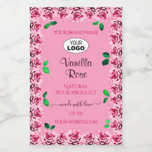 Blütenrosa Produktetikett blühende Rosen und Logo Lebensmitteletikett