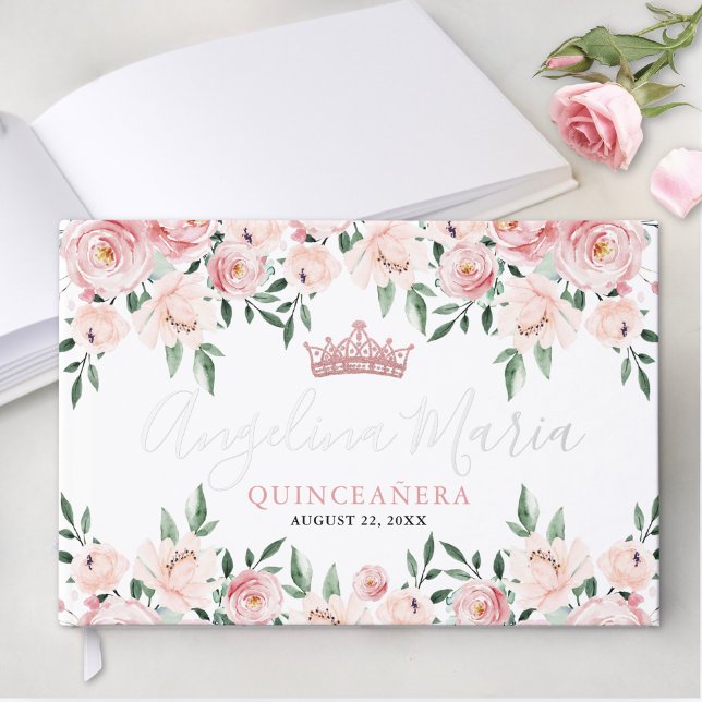 Blütenrosa Quinceanera Gästebuch (Floral Blush Pink Quinceanera Foil Guest Book)