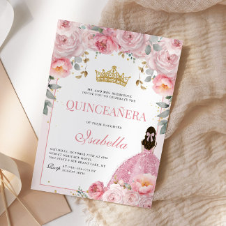 Blütenrosa Quinceanera Gold Prinzessin Einladung