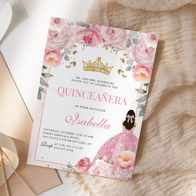 Blütenrosa Quinceanera Gold Prinzessin Einladung (Von Creator hochgeladen)