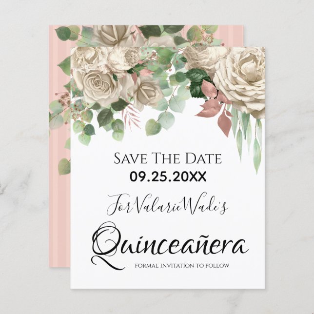 Blütenrosa Quinceanera Save the Date (Vorne/Hinten)