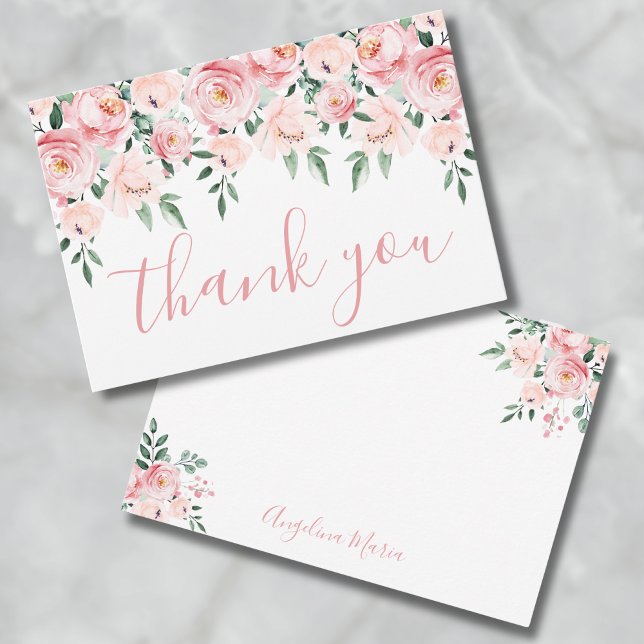 Blütenrosa Quinceñera Dankeskarte (Floral Blush Pink Quinceañera Thank You Card)