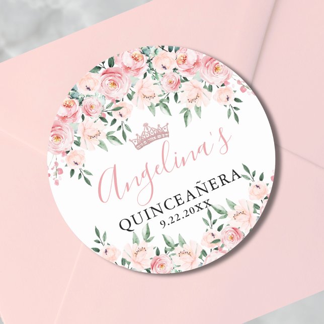 Blütenrosa Quinceñera Geburtstagsparty Runder Aufkleber (Floral Blush Pink Quinceañera Birthday Party Classic Round Sticker )